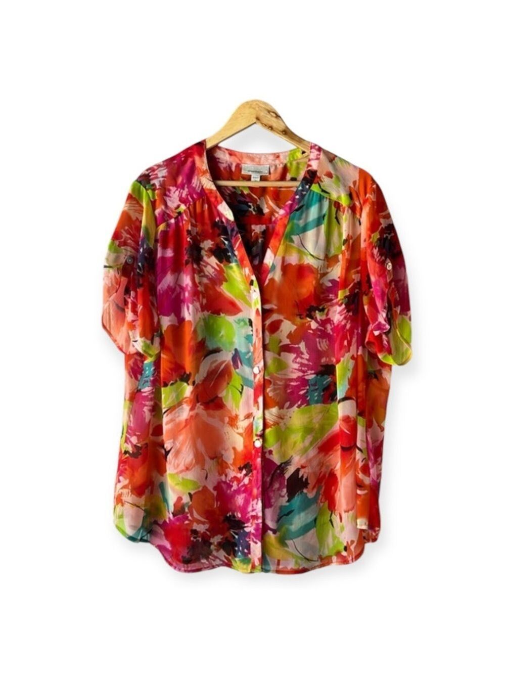 DRESS BARN Multicoloured Tropical Sheer V neck Button Up Top Size 3X